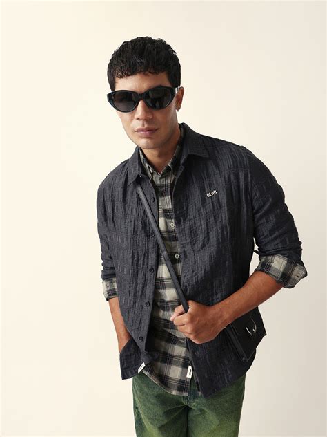 Shop Grey Textured Woven Self-Design Slim Fit Casual Shirt Online ...