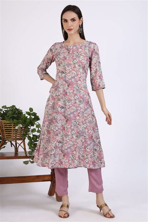 Buy Pink Floral Printed Rayon A-line Kurta and Pants Co-ord Set Online ...