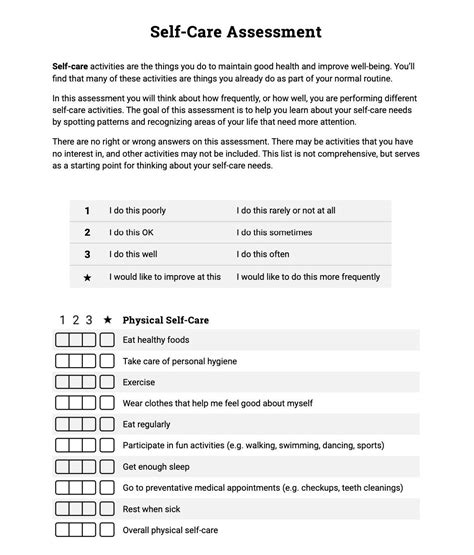 Self Care Asessment Therapist Aid - TherapistAidWorksheets.net