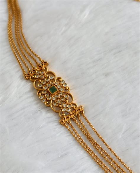 Antique gold tone green-white stone mugappu chandra haar dj-47353 ...
