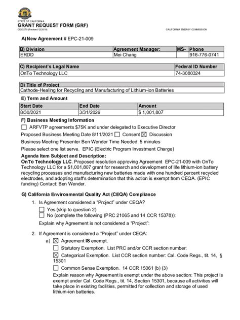 Fillable Online GRANT REQUEST FORM (GRF) A) New Agreement # EPC-21-009 ...