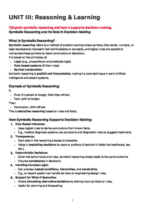 CC~UNIT III: Symbolic Reasoning and Cognitive Models in Learning - Studocu