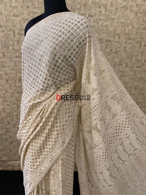 Beige Chikankari & Mukaish Saree – Dress365days