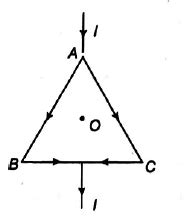 An equilateral triangle is made by uniform wires AB, BC, CA. A current ...