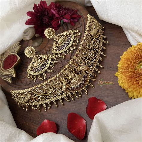 Vriksham Elephant With Lakshmi High Neck Choker-Green Red-Gold Bead-G1 ...