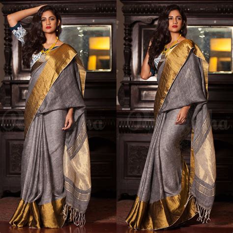Pure linen saree in Light grey, festive wear – Ibis Fab