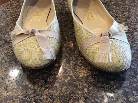 Ferragamo Raffia Grosgrain Ribbon Ballet Flats Beige … - Gem