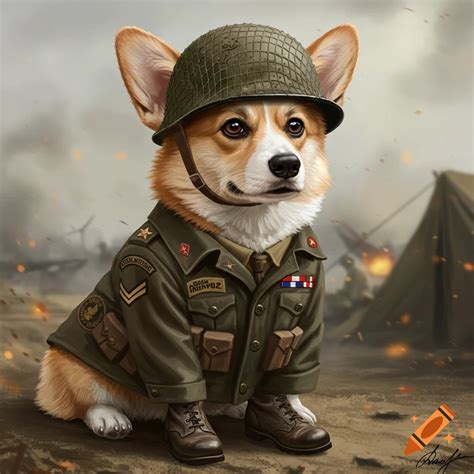 A corgi dog wearing a military uniform and helmet, sitting on a ...