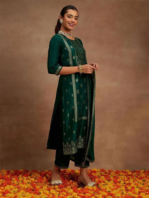 Buy Green Woven Design Silk Blend Straight Suit With Dupatta Online at ...
