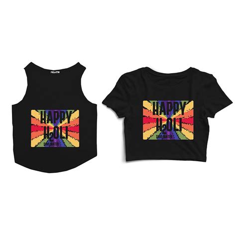 Ruse Twinning Women Crop Top & Cat Tank "Happy Holi - Save Water" Colo
