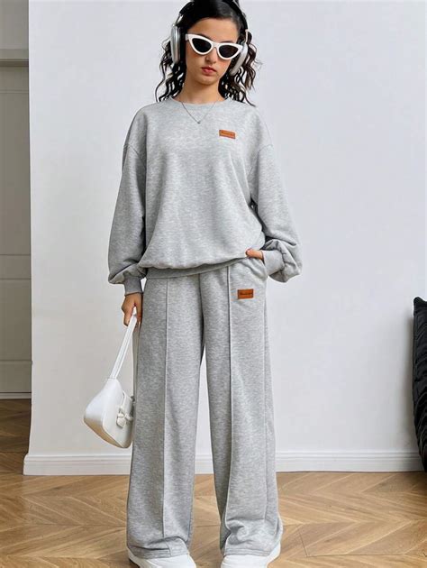 SHEIN Teen Girls 2pcs/Set Loose Fit Grey Crew Neck Knitted Sweatshirt ...