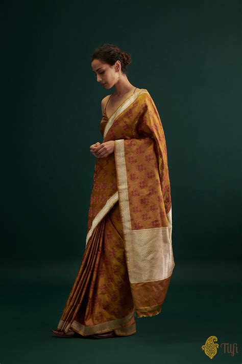 Mustard Pure Satin Silk Banarasi Handloom Saree - Tilfi