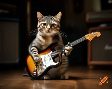 Orange tabby cat playing guitar on Craiyon