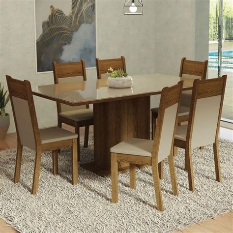 Madesa 6 Seater Dining Set Rectangular Glass Table Top Sturdy Wooden ...