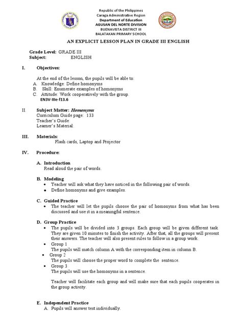 Image result for Sample Lesson Plan of Explicit Teaching