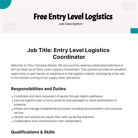 Free Entry Level Logistics Job Description Template to Edit Online