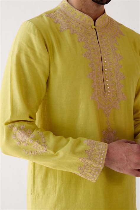 Devnaagri - Lime Green Embroidered Chanderi Kurta Set