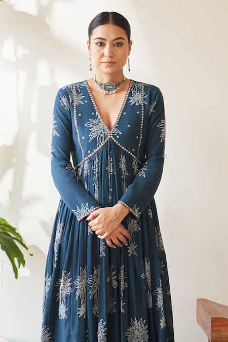 Buy Blue Crepe, Cotton, Silk, Organza Embroidery, Floral Print Anarkali ...