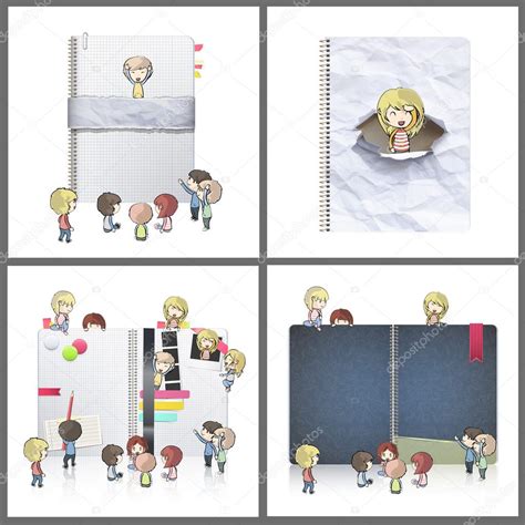 Conjunto de varios niños alrededor de cuadernos. Diseño vectorial ...