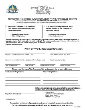 2019-2025 Form Jefferson Parish Public School Request for High School ...