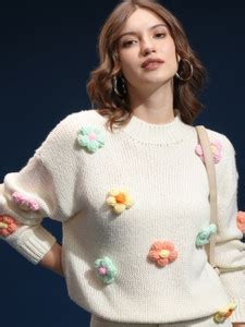 Tokyo Talkies Self Design Round Neck Casual Women White Sweater - Buy ...