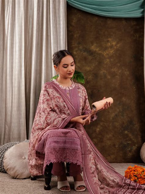 Purple Cotton Schiffli Kurta Dupatta Set With Lace Detailing – Yufta Store