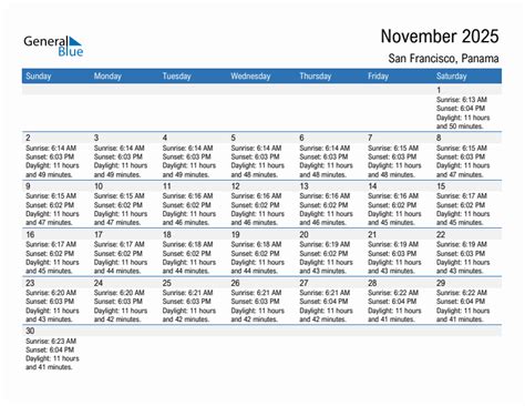 November 2025 Sunrise and Sunset Calendar for San Francisco (PDF, Excel ...