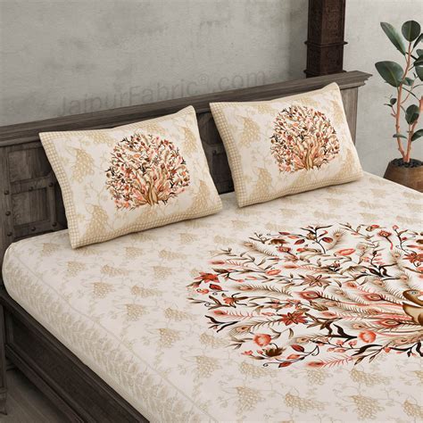 Dancing Peacock Brown Pure Cotton Double BedSheet – JaipurFabric®