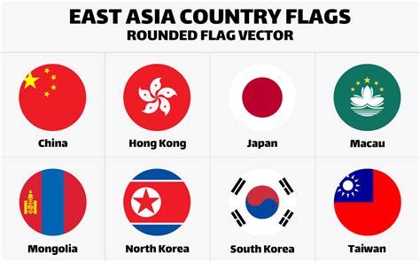East Asia Country Flags. Rounded Flat Vector 5217180 Vector Art at Vecteezy