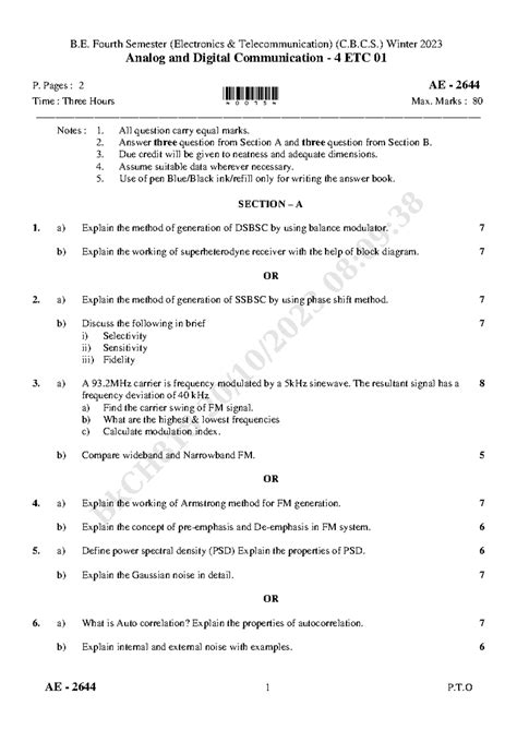 Analog Digital Communication 4th Sem EXTC W-2023 - AE - 2644 1 P.T B ...