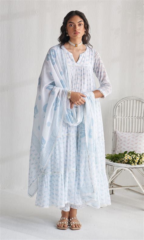 Gulmohar khari powder blue tiered block printed anarkali with palazzo ...
