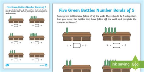 👉 Five Green Bottles Number Bonds to 5 Worksheet