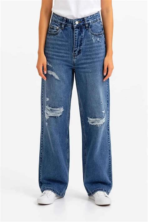 Womens High-Rise Distressed Jeans - Astron Medium Wash Wide-Leg Style ...