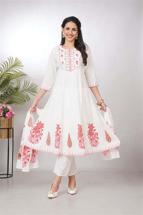 Elegant White Cotton Anarkali Kurta Set with Handblock Print – Anora ...