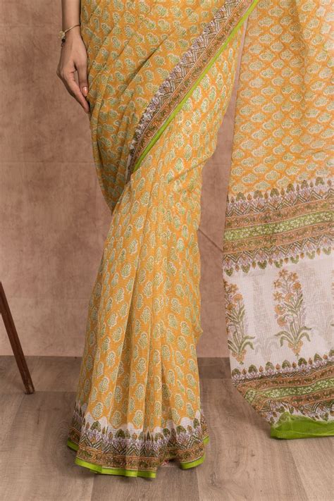 Hand Block Printed Kota Doria Saree with Mulmul Cotton Unstitched Blou ...