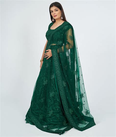 Bottle Green Tulle Tone-on-tone Zari & Stone Jaal Work Lehenga, Choli ...