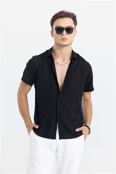Buy Men's Bubble Line Black Seer Sucker Shirt Online | SNITCH