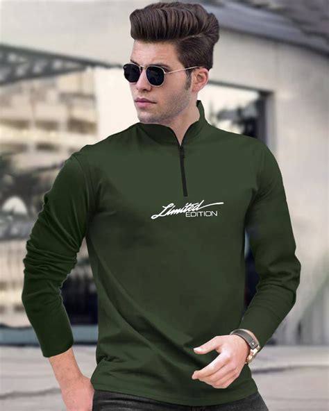 Limited Green Half Zippered High Neck Men's Full Sleeve T-Shirt