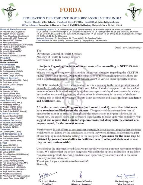 NEET SS Counselling 2022: FORDA requests DGHS to consider Mop Up Round ...