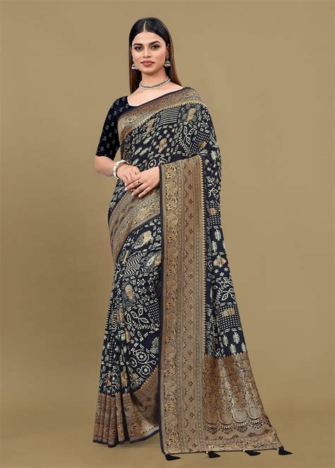Black Satin Silk Saree Featuring Ethnic Motif Prints, Rich Zari Woven ...