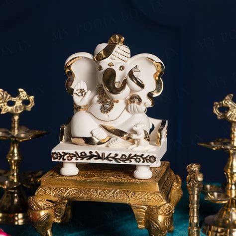 Buy Gold Plated Pagdi Ganesha Marble Idol Online in India - Mypoojabox.in
