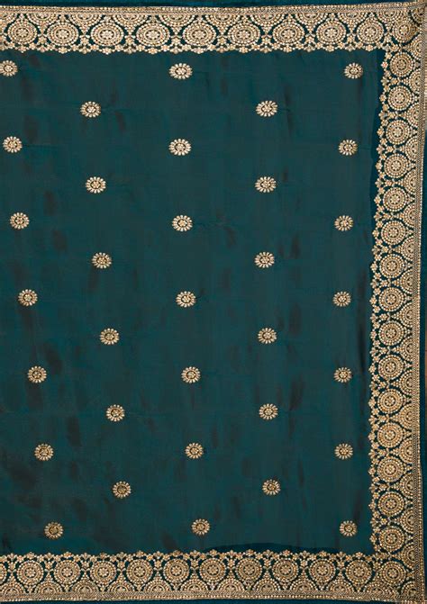 Buy Peacock Blue Zari Work Raw Silk Saree - Koskii