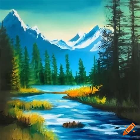 Bob ross-style landscape painting on Craiyon