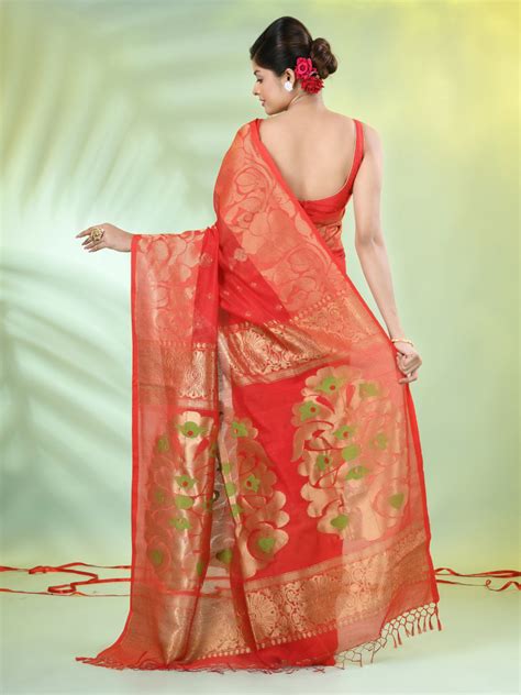Red Cotton Saree With Nakshi Zari Borders – Charukriti