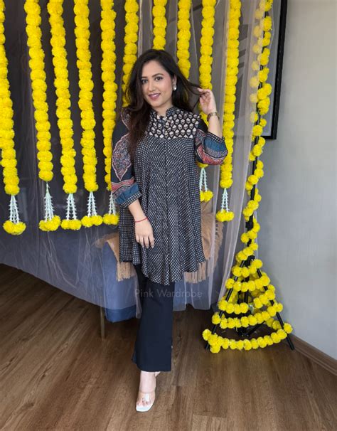 Maishika ajrakh print mid length silk tops