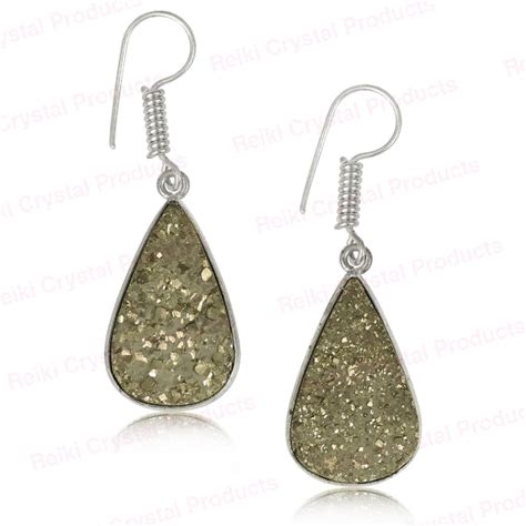 Natural Pyrite Rough Drop Shape Earring Charged By Reiki Grandmaster A
