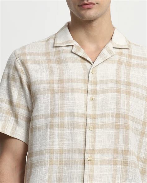 Beige Linen Cotton Tartan Checks Half Sleeve Shirt – South India ...