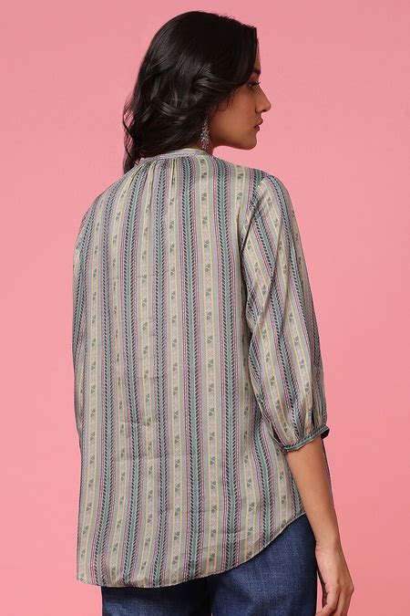 Green Printed Casual Three-Quarter Sleeves Mandarin Collar Women Flared ...