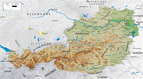 Geographical map of Austria: topography and physical features of Austria