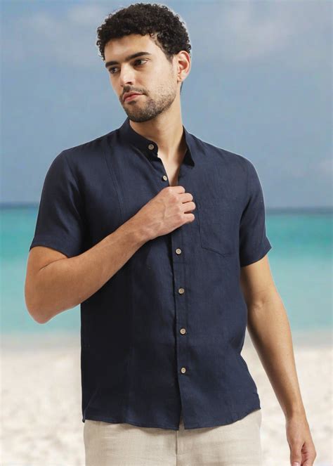 Dark Blue Pure Linen Mandarin Collar Half Sleeve Shirt – Linen Trail
